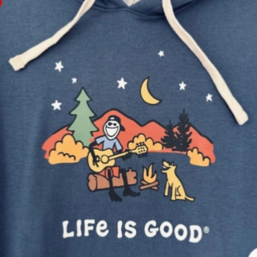 Life Is Good Mens Blue Hoodie with Outdoor Graphic Size Medium Jake and Dog Camp